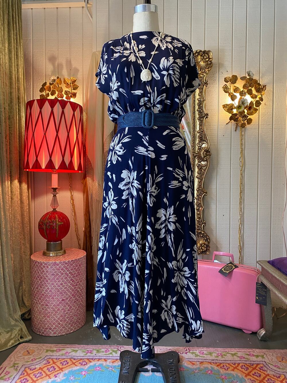 vintage 1980s blue and white rayon dress, 1940s style dress, button back, s/m